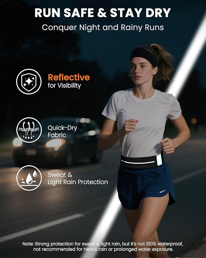 Running Belt for Women and Men, Adjustable Fanny Packs No Bounce Phone Holder for Running with Water Bottle & Headband, Waterproof Reflective Waist Packs for Runner Fits All Phones (M-Black)