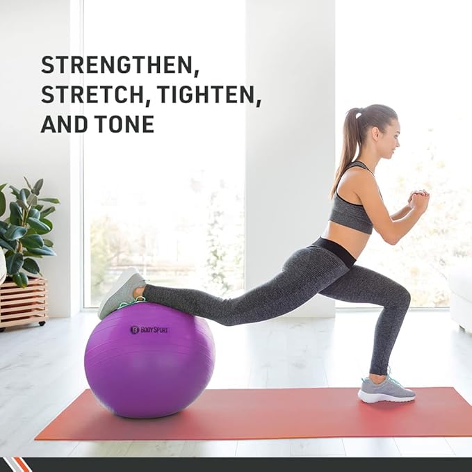 Body Sport Exercise Ball with Pump for Home, Gym, Balance, Stability, Pilates, Core Strength, Stretching, Yoga, Fitness Facilities, Desk Chairs