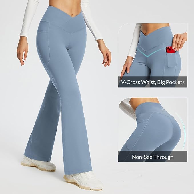 baleaf Women's V Crossover Flare Leggings with Pockets Yoga Pants High Waist Casual Workout Gym Bell Bottom Leggings
