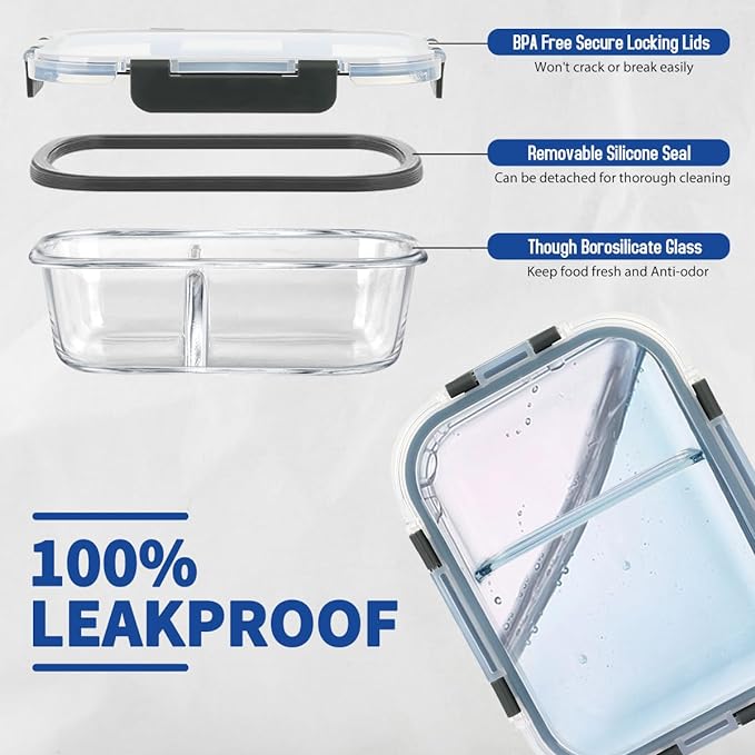 42pcs Glass Food Storage Containers with Lids Set, 21 Containers & 21 Lids Include One 2 Compartments Glass Meal Prep Containers with Snap Locking Lid Set, Leak Proof Lunch Container BPA-Free,Grey