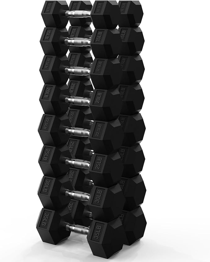 PAPABABE Hex Dumbbell Set 45-550 lb, Rubber Encased Home Gym Dumbbells, Weights Dumbbells for Women & Men, Hand Weight for Strength Training