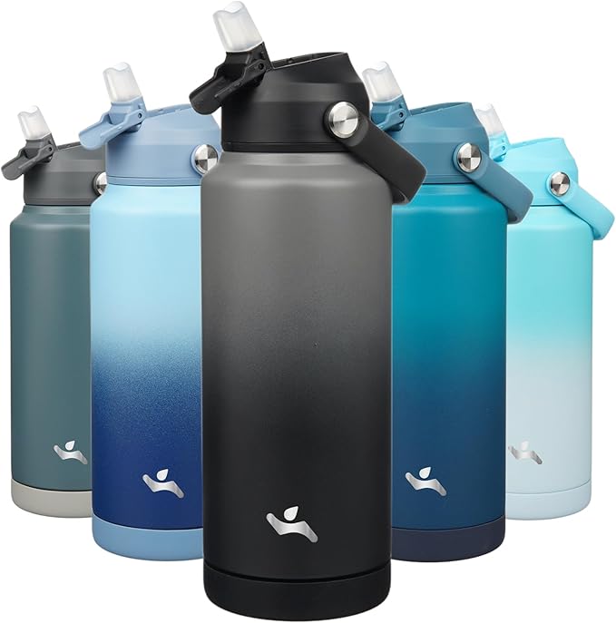 Insulated Water Bottle with Straw Lid,32 oz Stainless Steel Vacuum Metal Bottle with Silicone Handle,Gray Black