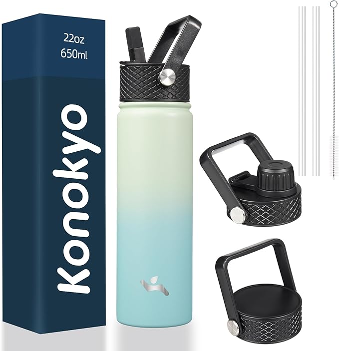 22oz Stainless Steel Bottles with 3 Lids Sport Insulated Water Bottle,Mint