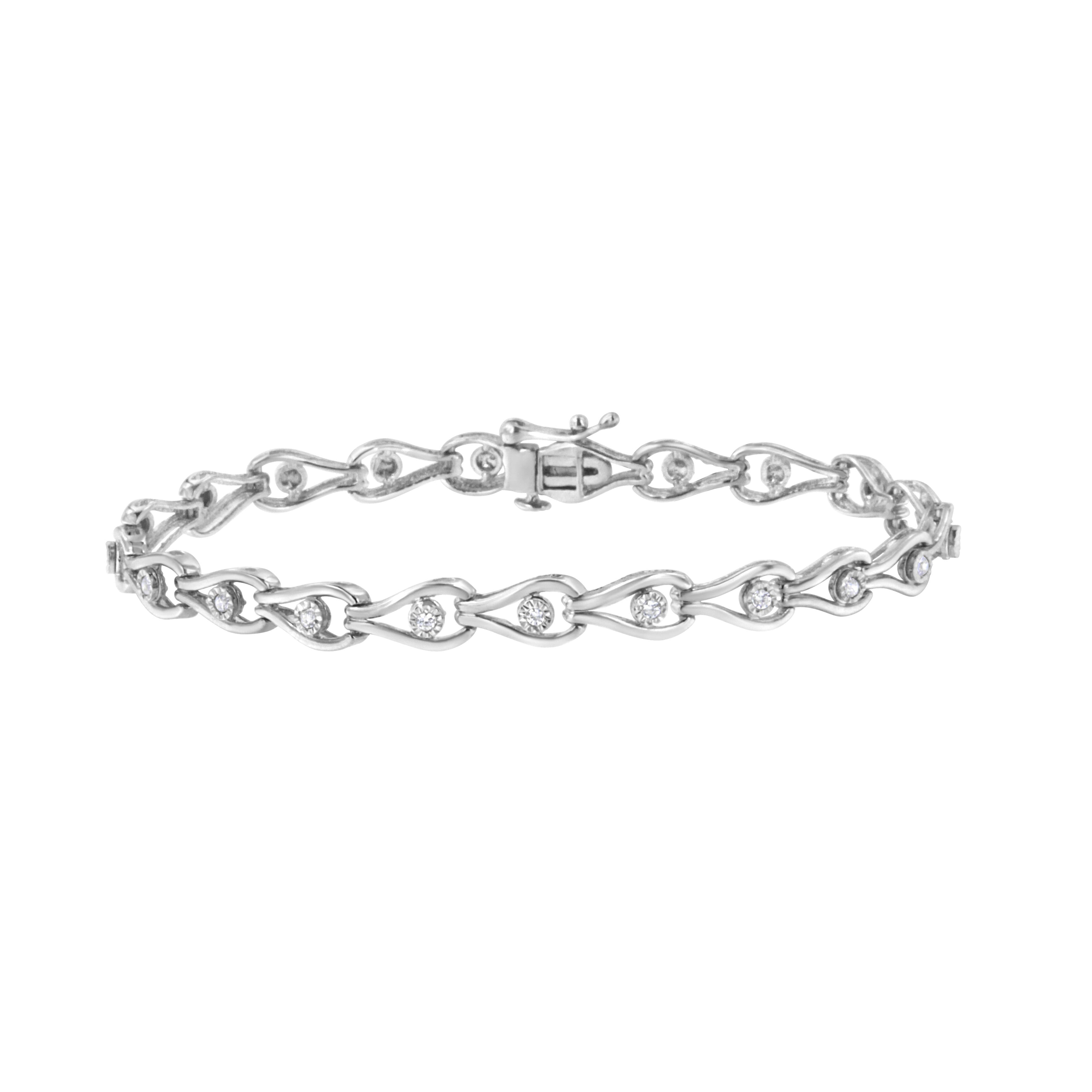 .925 Sterling Silver 1/10 Cttw Miracle-Set Diamond Pear Shape and Bezel Link Bracelet (I-J Color, I3 Clarity) - 7.25"