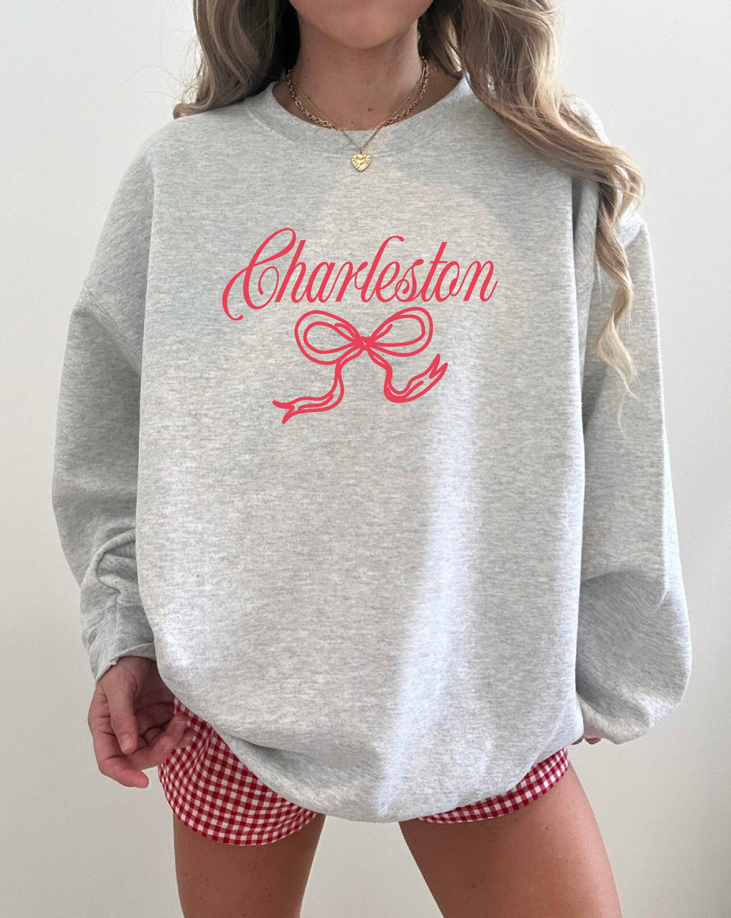 Bash - Bow Sweatshirt, Charleston Sweatshirt, Custom City Shirt: White Text / XL / Light Pink