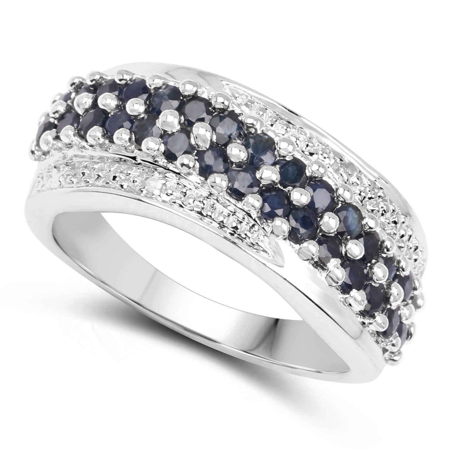 1.21 Carat Genuine Blue Sapphire and White Diamond .925 Sterling Silver Ring