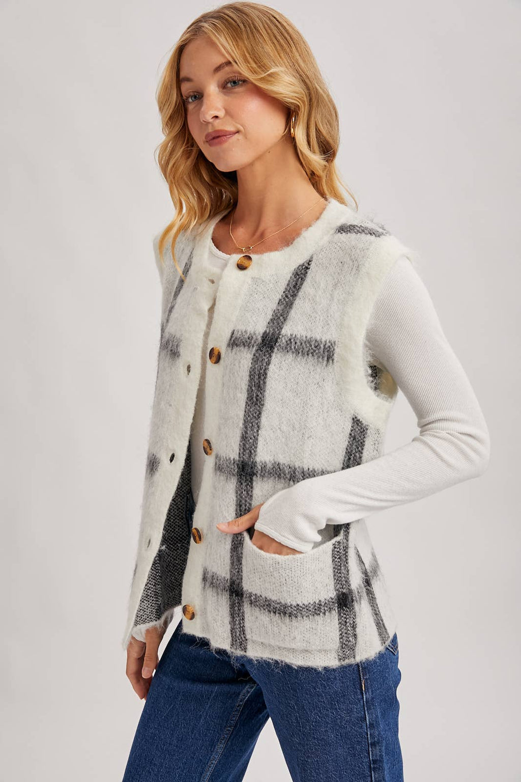 Button Down Plaid Knit Sweater Vest: Mocha
