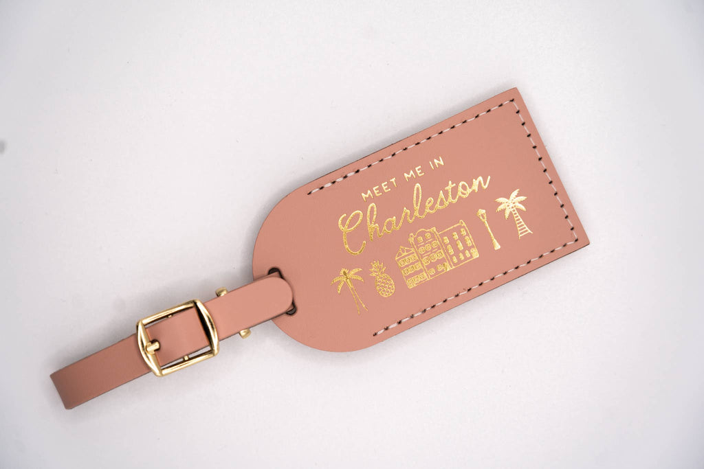 Charleston Luggage Tag Wedding Favor or Travel Souvenir Gift: Pink w/ Gold
