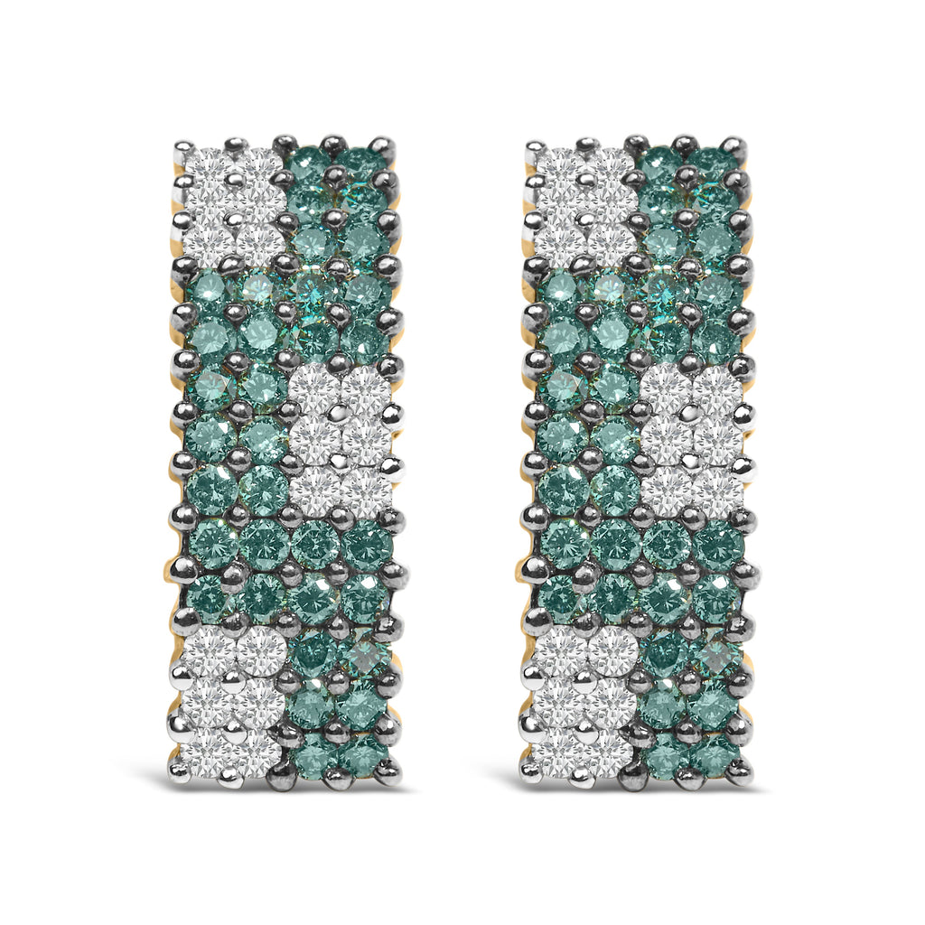 14K Yellow Gold 2.00 Cttw White and Treated Blue Diamond Four-Row PavÃ© Omegaback Earrings (H-I Color, SI1-SI2 Clarity)