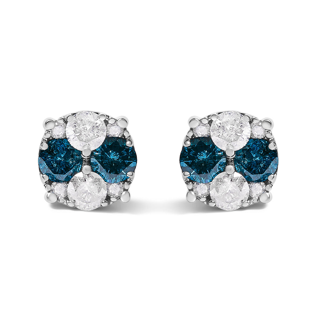 .925 Sterling Silver 2.0 Cttw Blue Diamond Composite Cluster Stud Earring