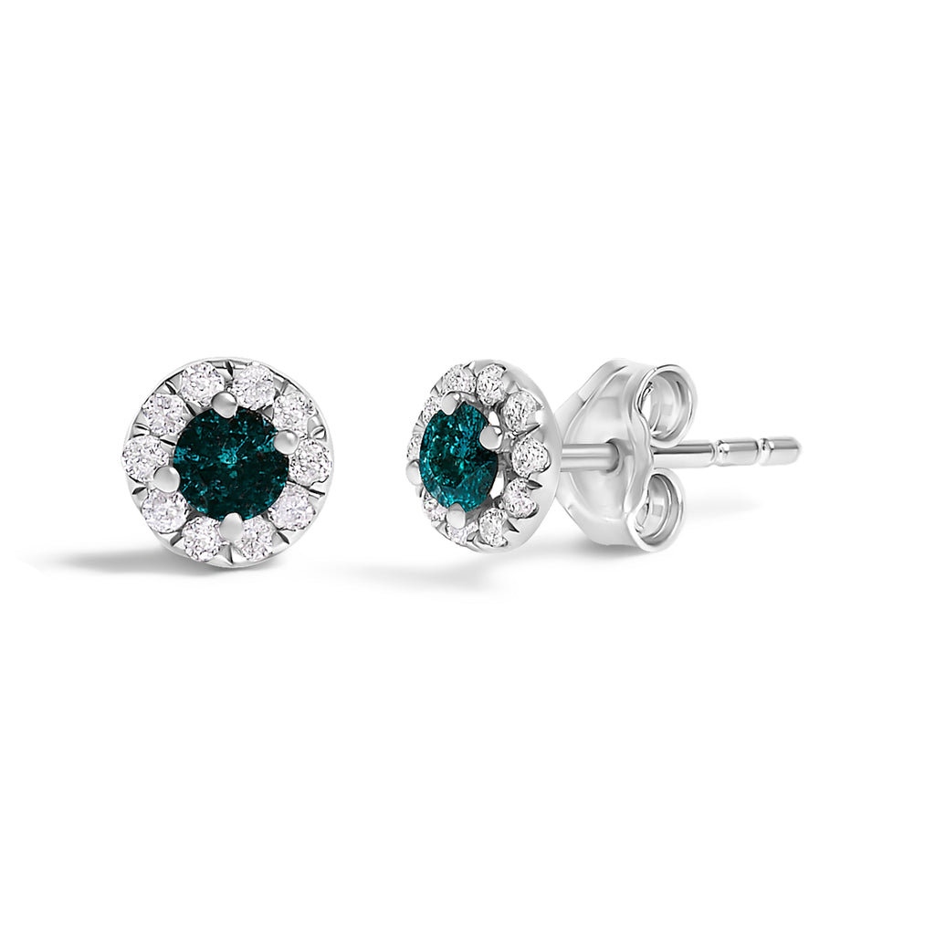 .925 Sterling Silver 1/3 Cttw White and Blue Diamond Halo Stud Earring