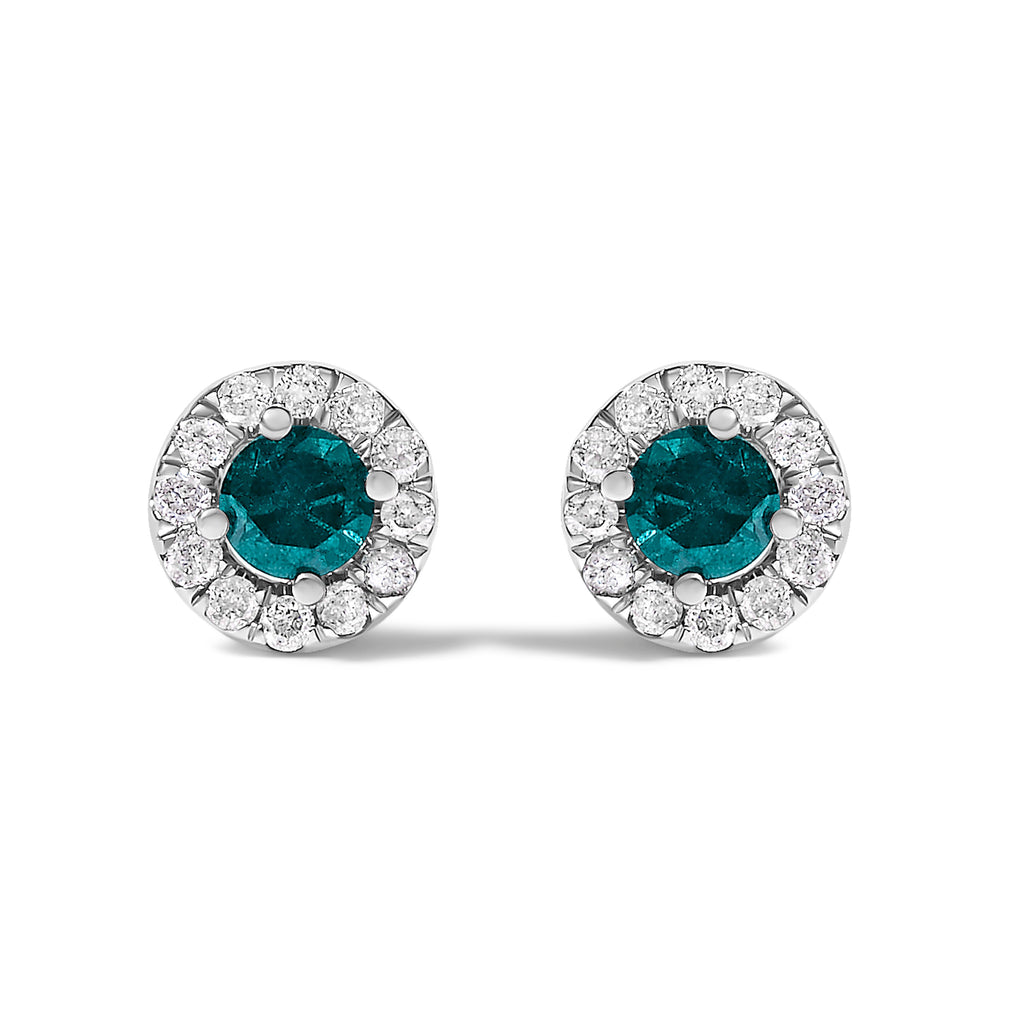 .925 Sterling Silver 1/2 Cttw Blue Diamond Halo Stud Earring