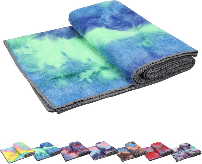 Yoga Towels , Non Slip Hot Yoga Towel Skidless Waffle Texture, 100% Absorbent Odorless Microfiber Yoga Blanket, Standard Sized 24 inchx72 inch Mat Towel,for Hot Yoga, Bikram, Pilates (Bule & Green)…1
