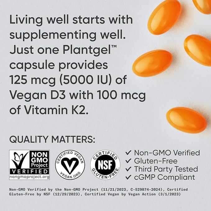 Sports Research® Vitamin D3 + K2 with Coconut MCT Oil | Vegan D3 5000 IU with K2 100 mcg for Bone & Immune Health | Vegan Certified, Soy & Gluten Free - 120 Softgels