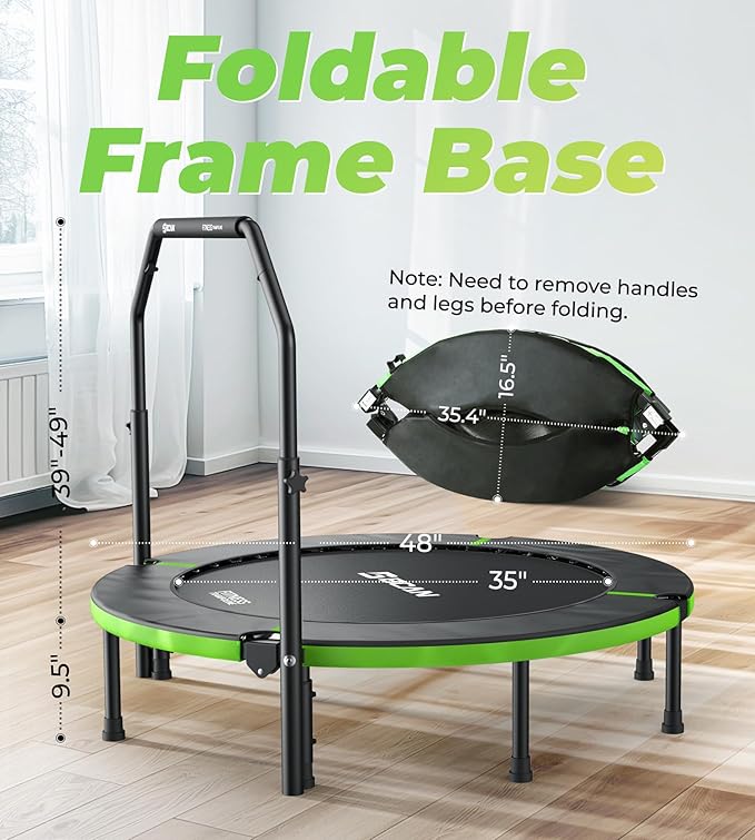 BCAN 40"/48" Foldable Mini Trampoline, Rebounder Trampoline for Adults, U/T Shape Adjustable Foam Handle, Exercise Rebounder for Adults Indoor/Garden Workout, Max Load 330lbs/440lbs