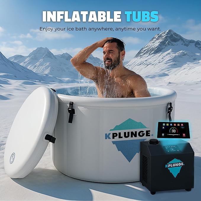 Arctic Fox 39" 1-Person Inflatable Cold Plunge Ice Bath or Hot Tub with 1 HP Chiller and Heater, PVC Insulated Lid, Hand Pump, Repair Kit, 88-Gallon Capacity, Indoor/Outdoor Tub – Gray