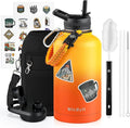 64 oz Insulated Water Bottle with Straw (Cold for 48 Hrs), Half Gallon Stainless Steel Triple Wall Vacuum Sports Water Jug, Leakproof Hydro Cup Flask with Straw Spout Lids & DIY Stickers