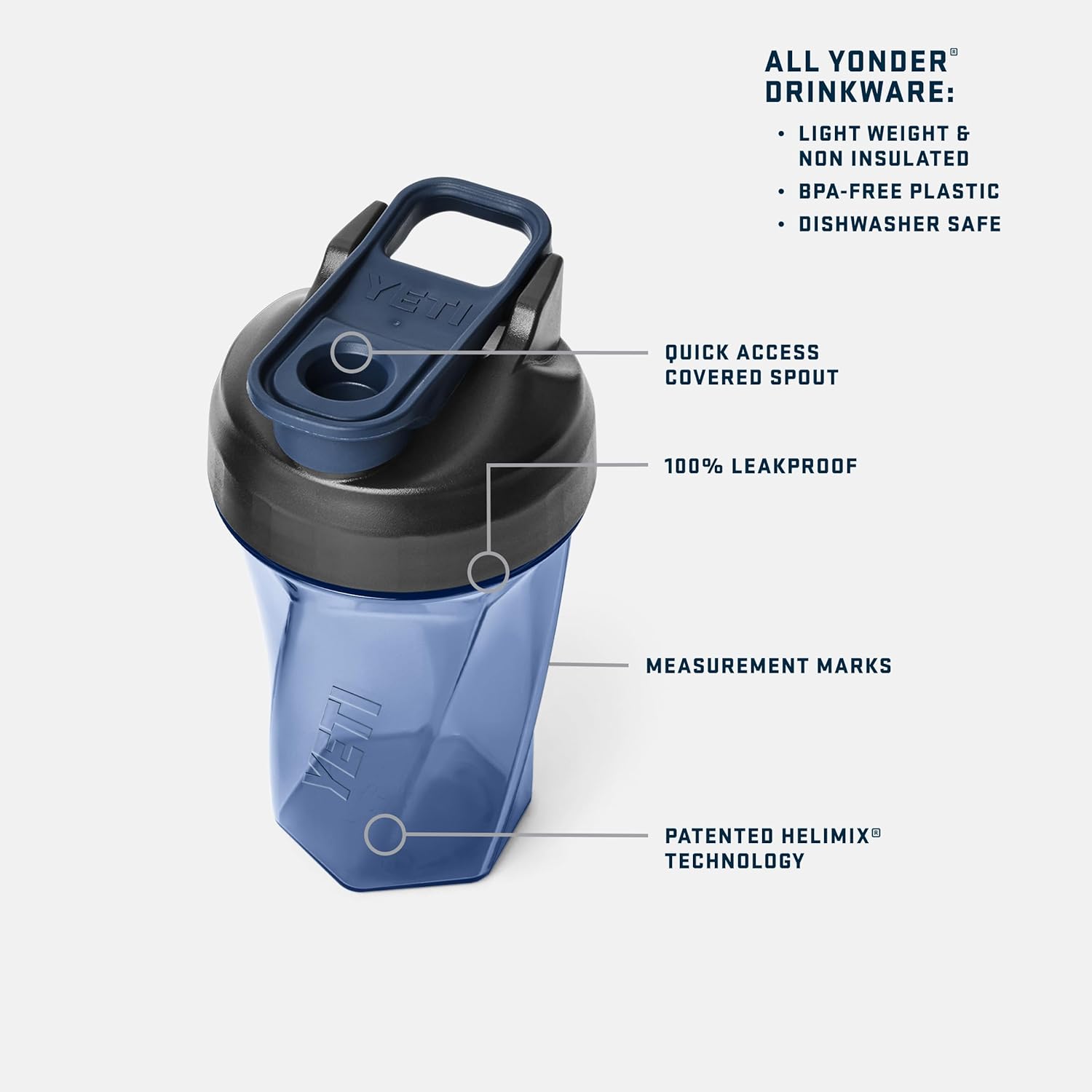YETI Yonder Helimix Vortex Blender Shaker Bottle Holds up to 20oz | No Blending Ball or Whisk | USA Made | Portable Pre Workout Whey Protein Drink Shaker Cup | Dishwasher Safe, Navy