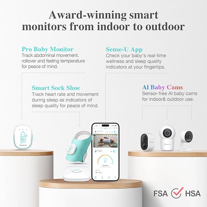 Sense-U Baby Sock Shoe Bundle Smart Baby Monitor: Sock Shoe Plus 2.5K PTZ Camera - Track Heart Rate, Sleep Movement, Heartbeat, Pan-Tilt-Zoom Video, AI Cry Detection, Audio
