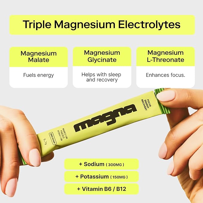 Magna Electrolyte Powder Drink Mix for Hydration, Energy & Focus Support with Magnesium L Threonate, Malate & Glycinate, Sodium, Potassium, Vitamin D, B6 & B12, Mint Lemonade Flavor, 28 Servings