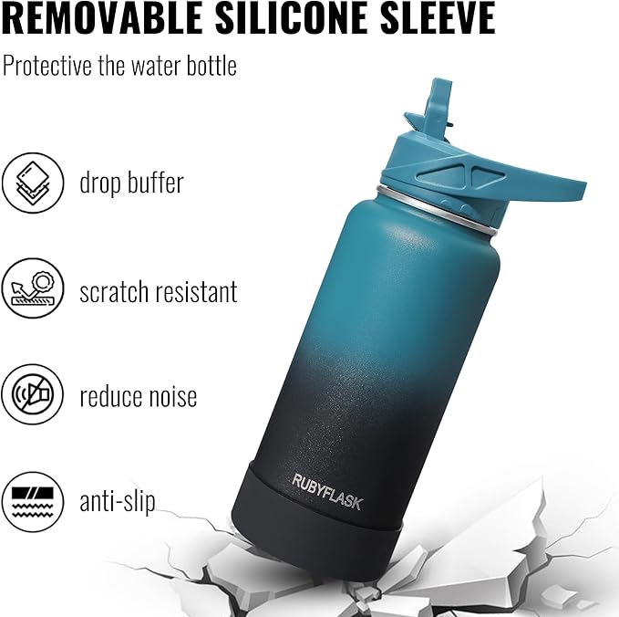 32oz Insulated Water Bottle with Straw, Stainless Steel Metal Vacuum Water Flask, Large Thermal Water bottle with Leakproof 3 Lids for Travel, Camping, Gym Sports Dark Rainbow