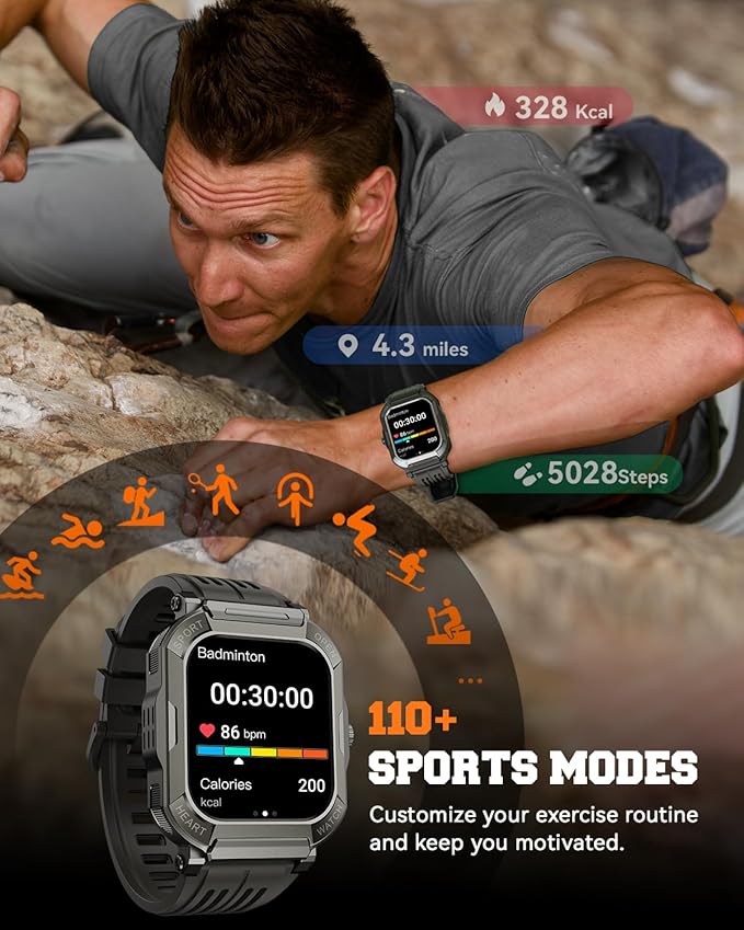 Military Smart Watches for Men (Answer/Make Calls),1.91'' Fitness Smart Watch for Android and iPhone,IP68 Waterproof Fitness Tracker with Step Counter/Sleep Monitor/110+ Sport Modes,Smartwatch for Men