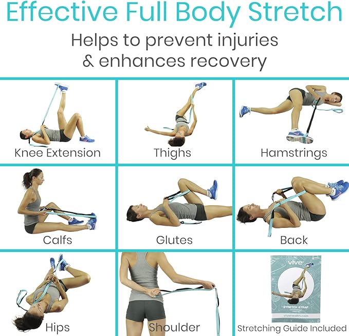 Vive Stretch Strap (75" - 10 Loops) - Leg Stretch Band to Improve Flexibility - Stretching Out Yoga Strap - Exercise and Physical Therapy Belt for Rehab, Pilates and Gymnastics with Guide Book