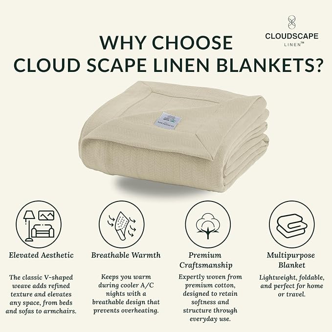 Herringbone Cotton Twin Blanket for Couch, Bed,Sofa, Home Decor, Soft, Lightweight, All-Season Bed Blanket, 68 x92, Beige Fog