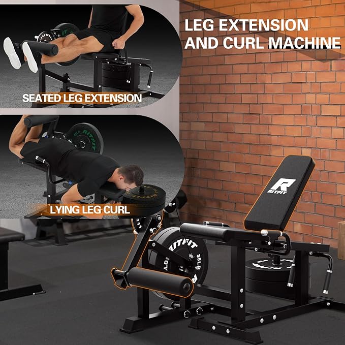 RITFIT Seated Leg Extension and Lying Curl Machine, Adjustable, for Home Gym, Leg Workout Equipment Compatible with 1'' and 2'' Weight Plates, Black, 700 lb