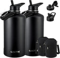 2 Pack 128 oz Insulated Water Bottle, Triple Wall Stainless Steel Flask, Keeps Drinks Cold for 48 Hrs Leak-Proof & BPA-Free Half Gallon Jug with Paracord Handle, Straw & Spout Lids(2 pack,Black)