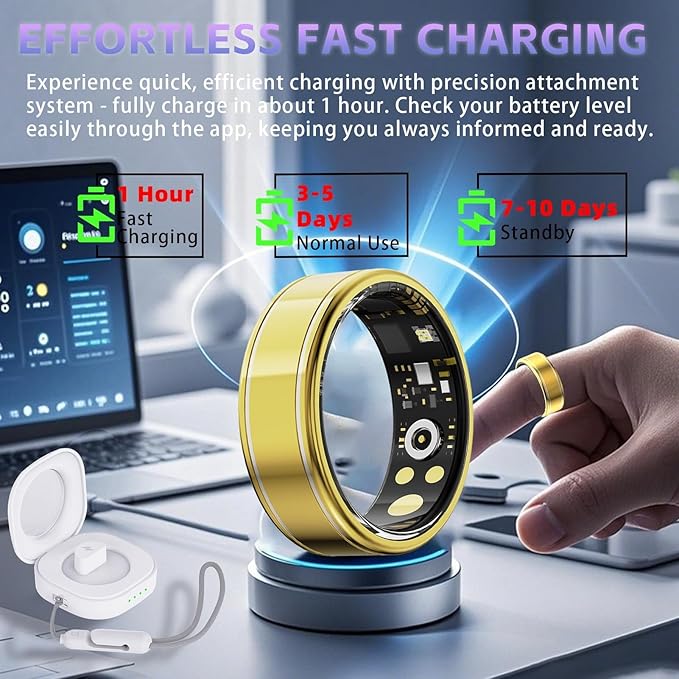 Fitness Tracker Ring for Men Women – Smart Health Ring with Heart Rate, SpO2, Blood Pressure, Sleep Monitoring, Steps, Calories, 5ATM Waterproof, No Subscription Fee for iOS and Android (Gold 10)