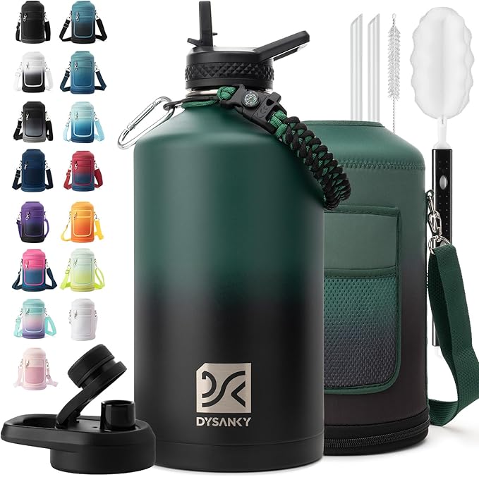 1 Gallon Water Bottle Insulated | Thickened Stainless Steel Vacuum Metal Water Jug | Portable Sports Large for Gym and Hiking with Straw, Carrier Bag, Handle Strap | BPA-Free 128 oz