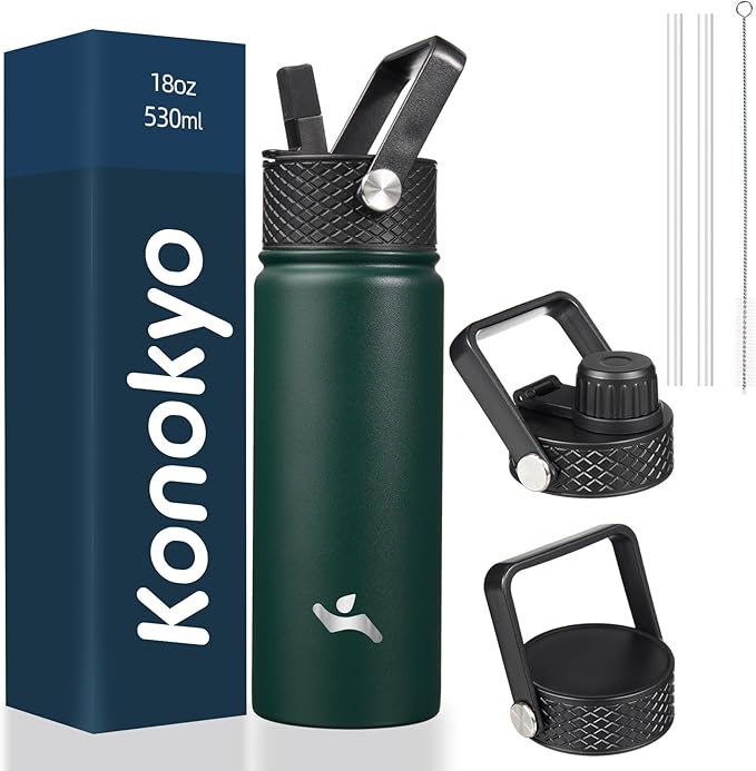 18 oz Insulated Water Bottle Stainless Steel Sport Bottles with 3 Lids,Army Green