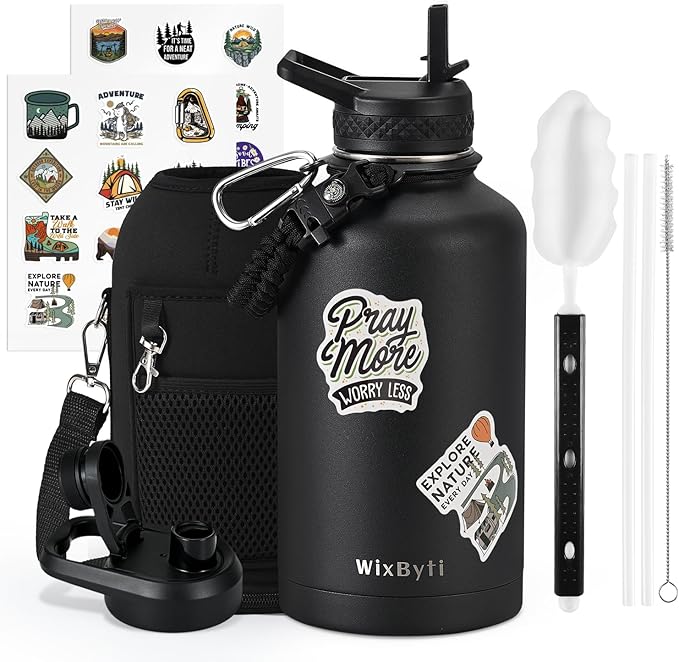 64 oz Insulated Water Bottle with Straw (Cold for 48 Hrs), Half Gallon Stainless Steel Triple Wall Vacuum Sports Water Jug, Leakproof Hydro Cup Flask with Straw Spout Lids & DIY Stickers