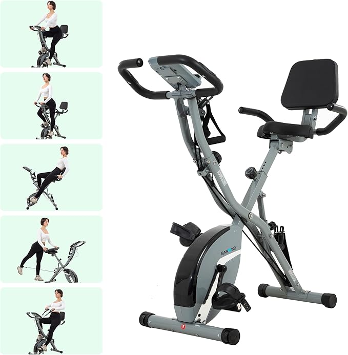 BARWING Stationary Exercise Bike for Home Workout, 5 IN 1 Foldable Indoor Cycling Bike for Seniors, 350LB Capacity, 16-Level Magnetic Resistance, Seat Backrest Adjustments