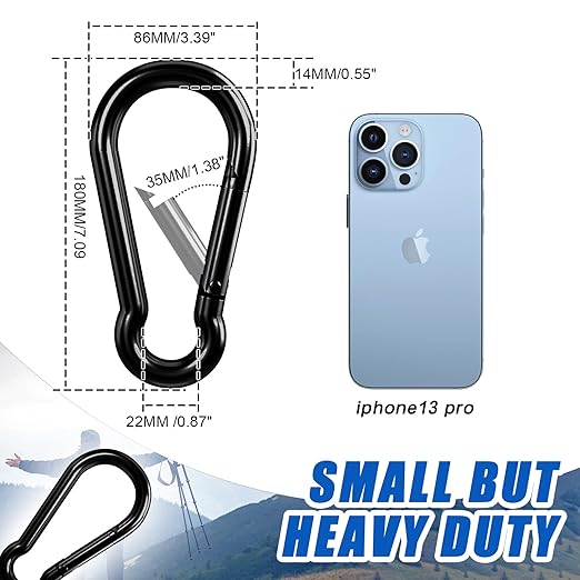 KINLINK 2 Pack Black Carabiner Clip, 7 inch Heavy Duty Spring Snap Hook, Large Caribeener Clips for Camping, Swing Set, Hammock, Hiking, Travel, Weight Lifting Machine, Home Gym Equipment
