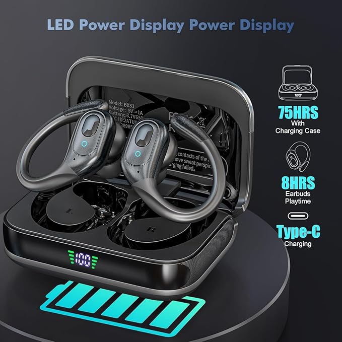 Wireless Earbuds Bluetooth 5.4 Headphones, Noise Canceling Ear Buds with 75hr Playtime, LED Power Display, IPX7 Waterproof Earphones Over-Ear Earphones for Sports/Workouts