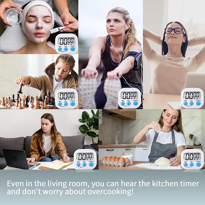 4 Pack White Digital Kitchen Timer Magnetic Digital Timer with Big Display Loud Ring Cooking Timers for Cooking, Game, Gym, Break Time, Classroom (4, White)