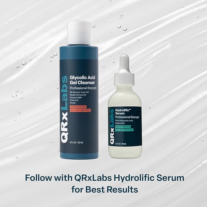 QRxLabs Glycolic Acid Face Wash – Gentle Exfoliating Gel Cleanser for Smoother Looking Skin – Helps Improve Texture & Hydration – Ideal for Blemish-Prone Skin and Ingrown Hairs – 6 oz