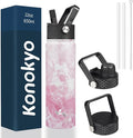 22oz Stainless Steel Bottles with 3 Lids Sport Insulated Water Bottle,Marble Blossom