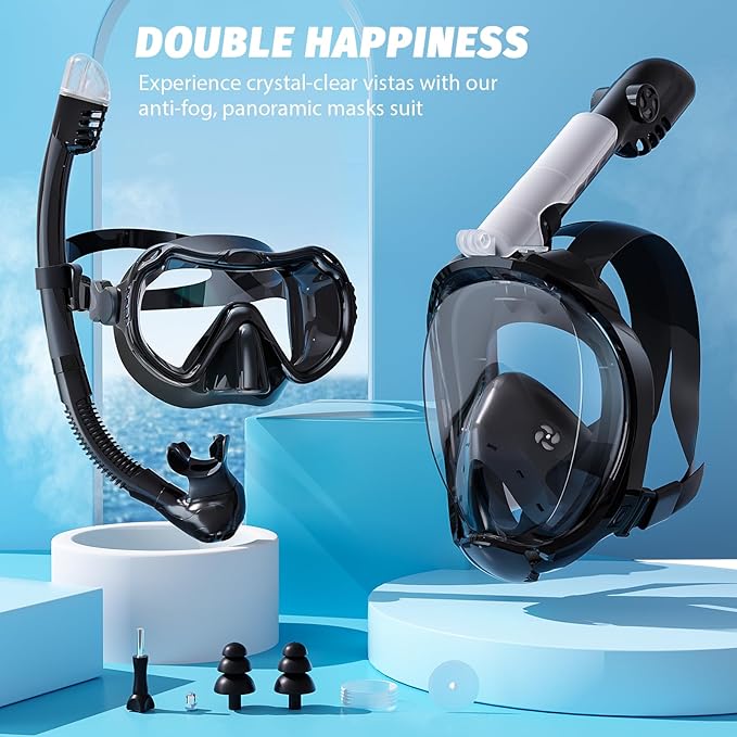 Full Face Snorkel Mask, Snorkeling Gear for Adults Men and Women, 180 Degrees Panoramic View Snorkel Set Anti-Fog Anti-Leak, Dry Top System and Travel Bag for Swimming, Snorkeling