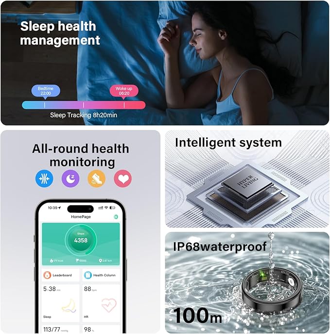 Smart Ring Health Tracker, Fitness Sleep and Heart Rate Monitor Smart Ring, Waterproof Bluetooth Fitness Tracker Ring IPX68 Waterproof (Silver, 13)