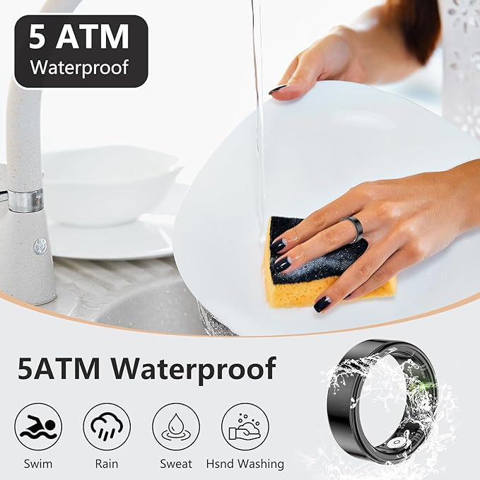 Thin Smart Ring for Fitness & Health Tracking -Heart Rate/Blood Oxygen Monitor, 5ATM Waterproof, Sleep Analysis, Pedometer -No APP Subscription Compatible with Smartphone (Black, 8)