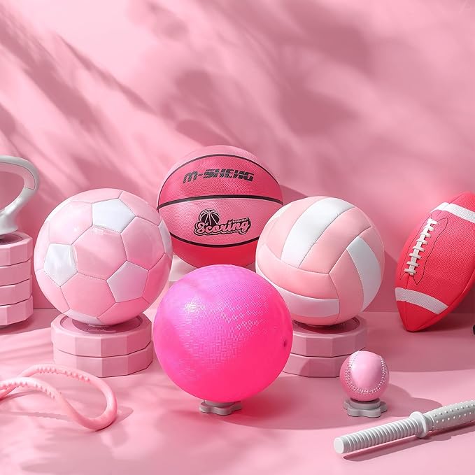 6 Pcs Multi Sport Ball Set Official Size Football, Basketball, Soccer, Volleyball, Playground Ball, Baseball with Equipment Bag Pump for Teen Adult Sport Gift Back to School
