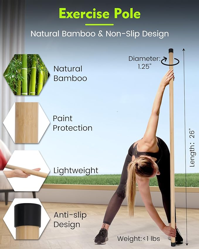Yoga Stick, 5ft Exercise Stick for Mobility, Stretching Stick with Non-Slip Ends, Exercise Dowel for Pilates, Balance Pole and Stretch Bar for Stretching Equipment