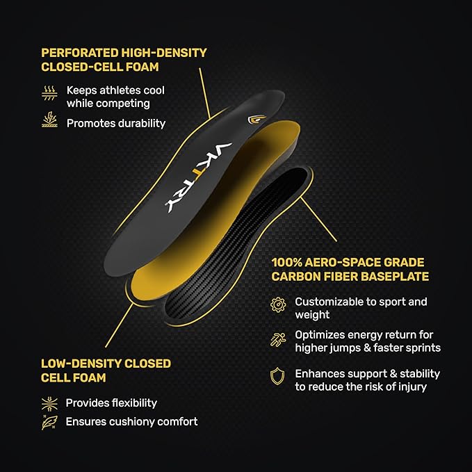 VKTRY Gold for Non-Cleated Shoes - Carbon Fiber Performance Insoles - Customized Athletic Inserts for Sports Basketball Volleyball Running & More | Shock Absorption US M2.5-3, W4.5-5, <120lbs