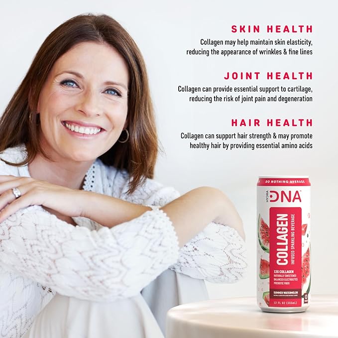 HYDRADNA- Sparkling Liquid Collagen Protein Water Drink Balanced Nutrients for Wellness - Sugar-Free - Keto-Friendly - No Gluten (12 Pack) Watermelon