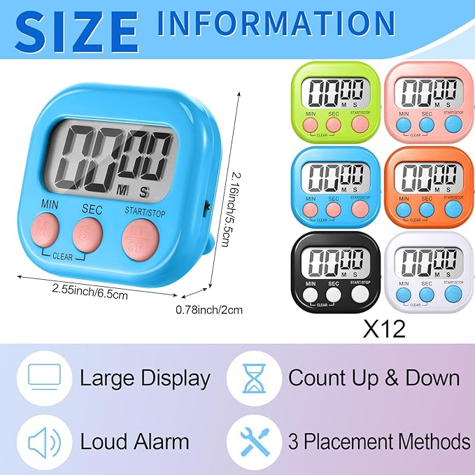 Macarrie 72 Pcs Digital Kitchen Timer Bulk Magnetic Timers for Classroom LCD Display Loud Alarm Electronic Timer Minute Second Clock Timer for Teacher Exercise Cook Baking