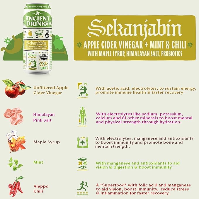 ANCIENT DRINKS Apple Cider Vinegar Beverage with Electrolytes, Vitamins, & Probiotics, Organic, Super-Hydrating Sports Drink - Mixed Pack (Posca, Switchel, Sekanjabin) - 16 fl oz (12 cans)