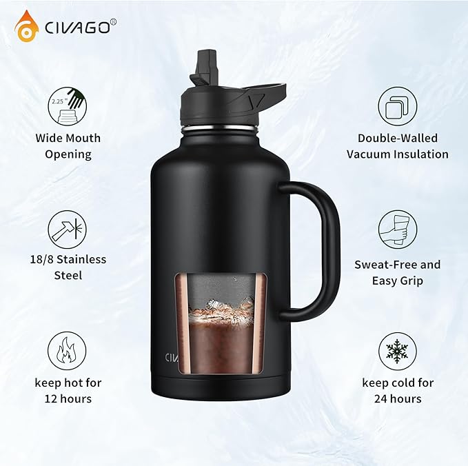 CIVAGO 64 oz Insulated Water Bottle Jug with Straw and Handle, Half Gallon Stainless Steel Water Flask, Large Sports Metal Water Bottle with Straw Lid (3 Lids), Big Thermal Mug Cup, Indigo Black